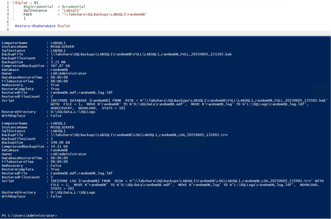 Restore-DbaDatabase results from one-off restore Restore-DbaDatabase results from one-off restore