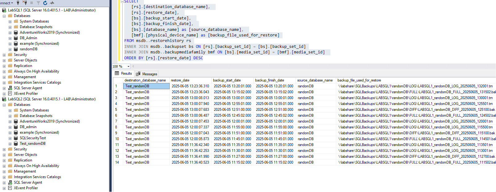 automatic SQL Server restore script results