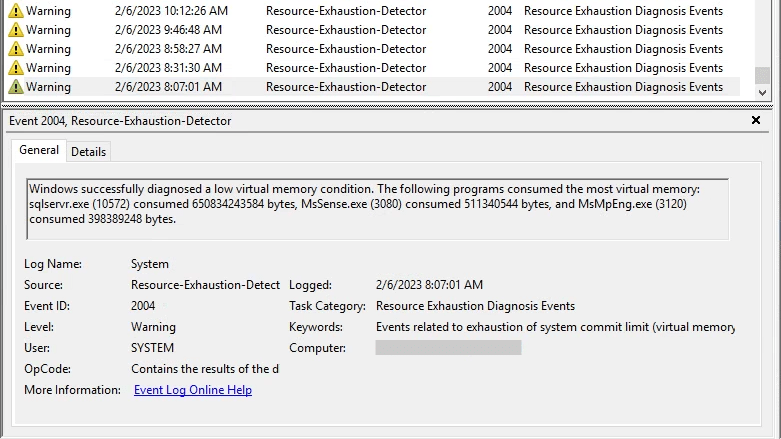 SQL Server low memory events