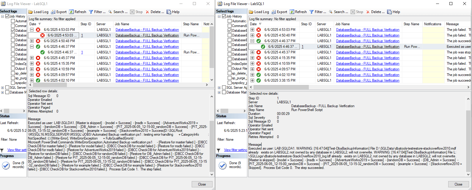 SQL Server backup verification output