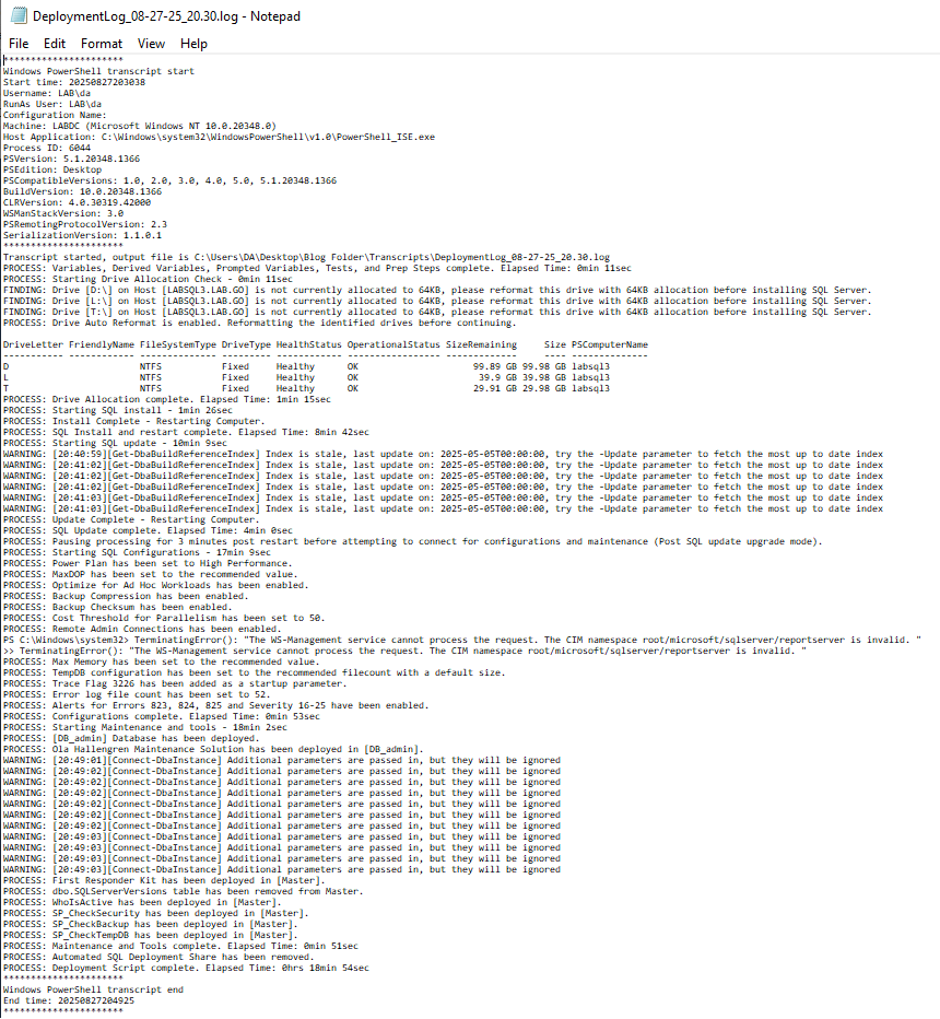 sql server deployment script log