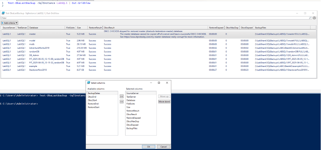 Test-DbaLastBackup Out-GridView output