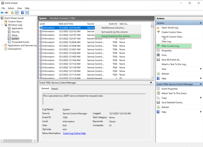 event viewer system error log