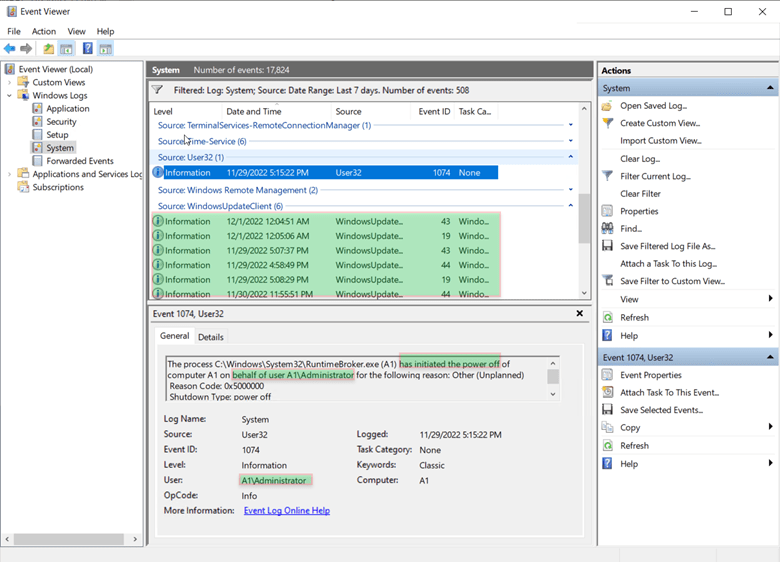 event viewer windows update notifications