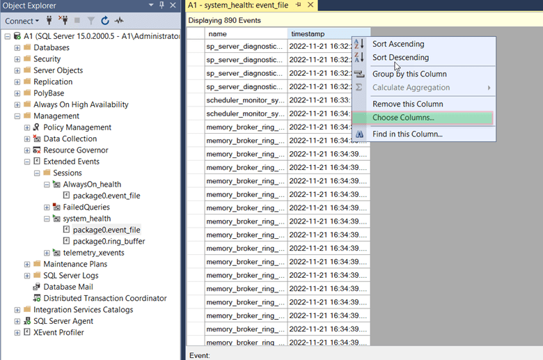 object explorer extended events