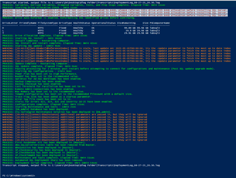 SQL Server deployment script output