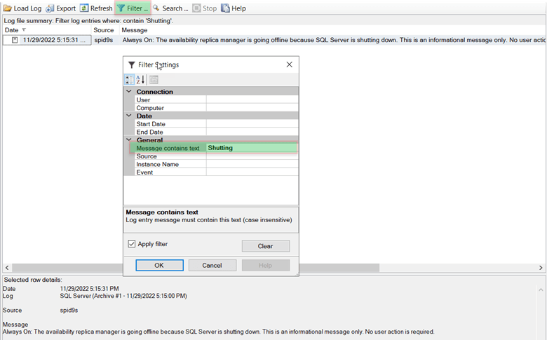 sq server log file filter